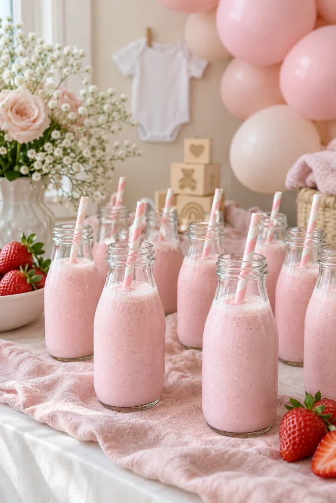 Mini glass bottles filled with pink strawberry milk for a baby shower drink display