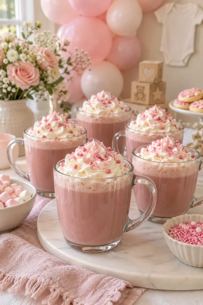 Pink hot chocolate topped with whipped cream for a winter baby shower drink