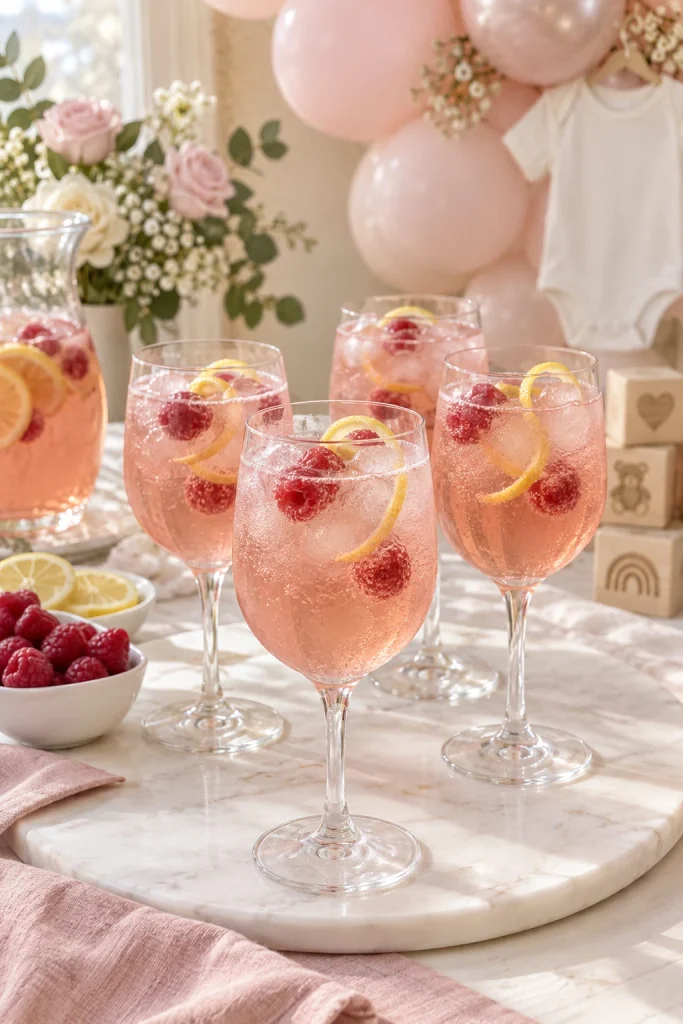 Sparkling blush rose mocktail in a champagne glass for a pink baby shower toast