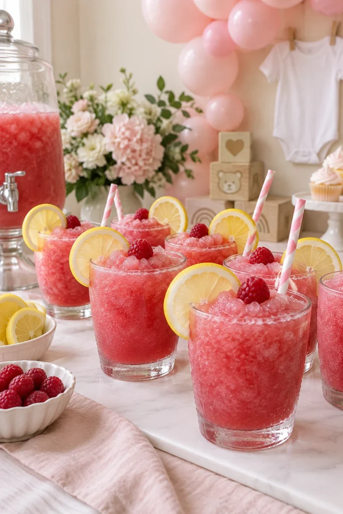 Frozen pink raspberry lemonade slushies in clear cups with paper straws for a baby shower