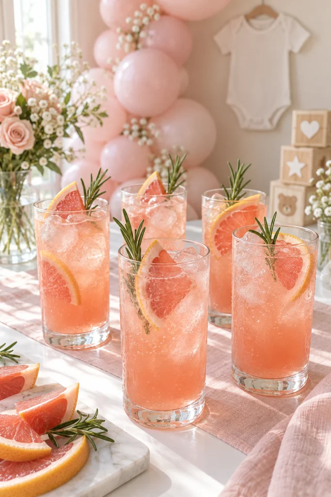 Pink grapefruit spritzer with sparkling water and a rosemary sprig in a tall glass for a baby shower