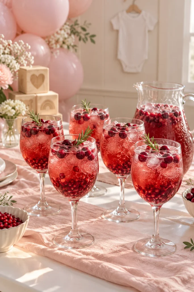 Cranberry pomegranate sparkler with pomegranate seeds in a champagne flute for a pink baby shower