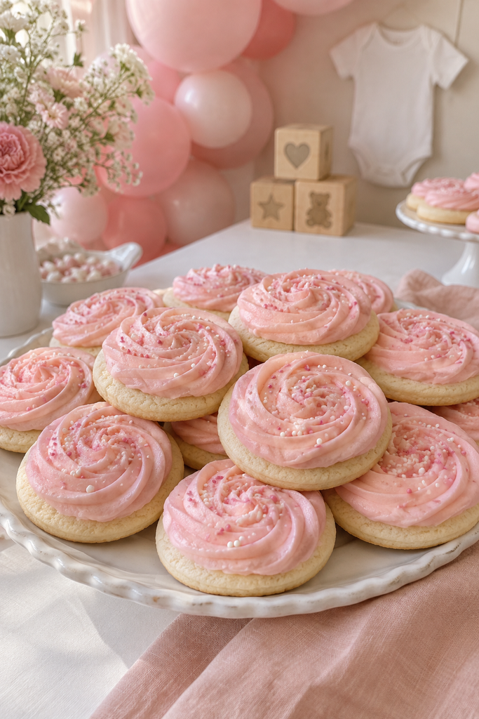 Thick frosted pink sugar cookies with swirled buttercream for a baby shower