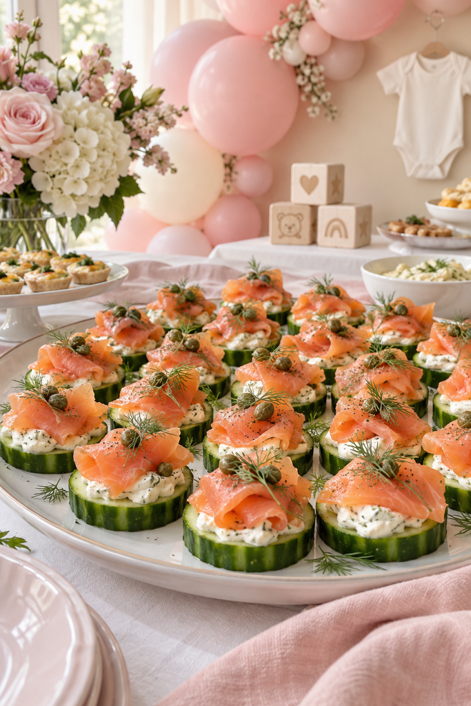 Smoked salmon and cream cheese cucumber bites for an elegant baby shower appetizer