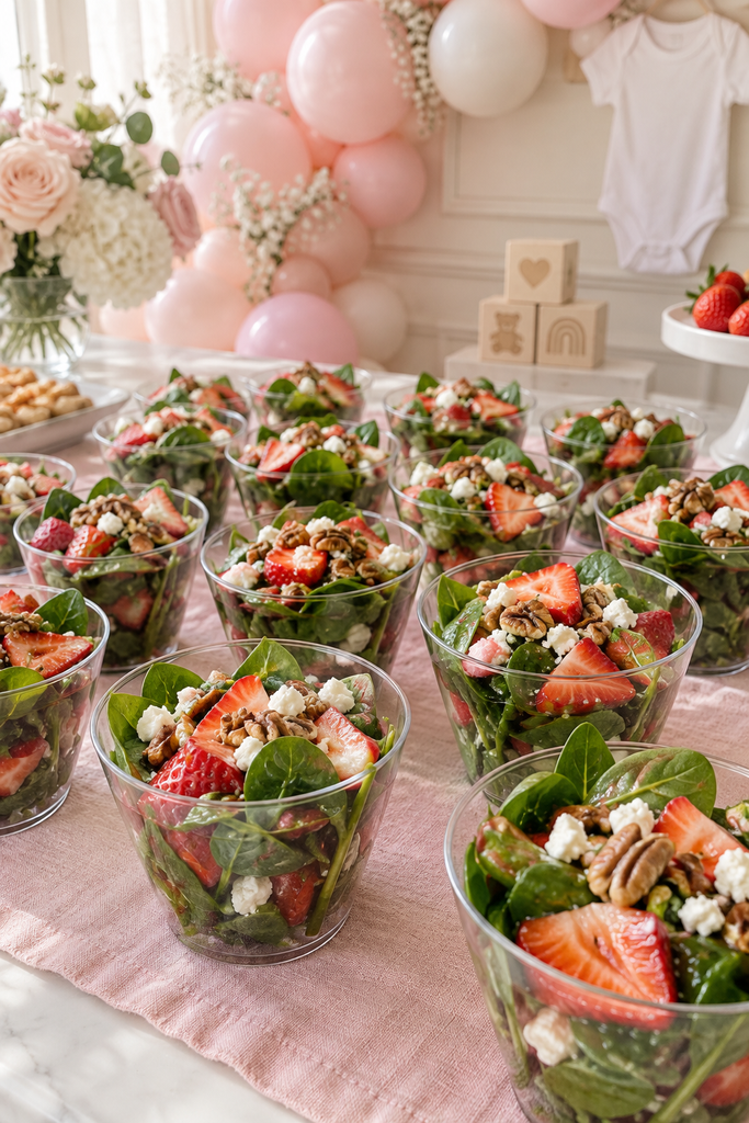Individual clear cups of strawberry spinach salad with feta and poppy seed dressing for a baby shower