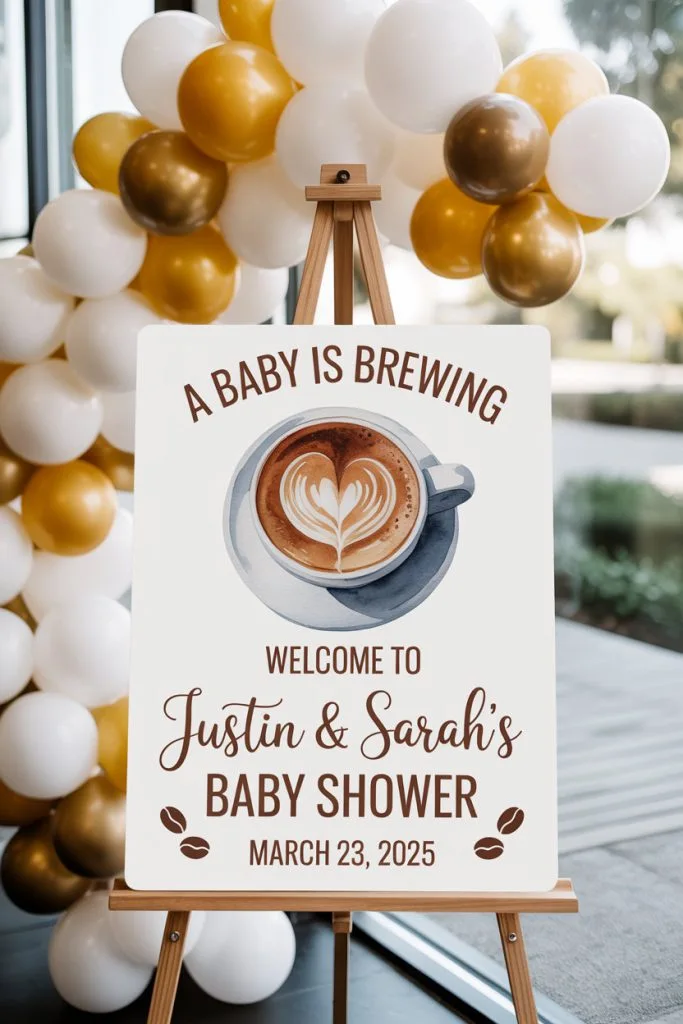 Baby Is Brewing welcome sign on a wooden easel with a latte cup illustration