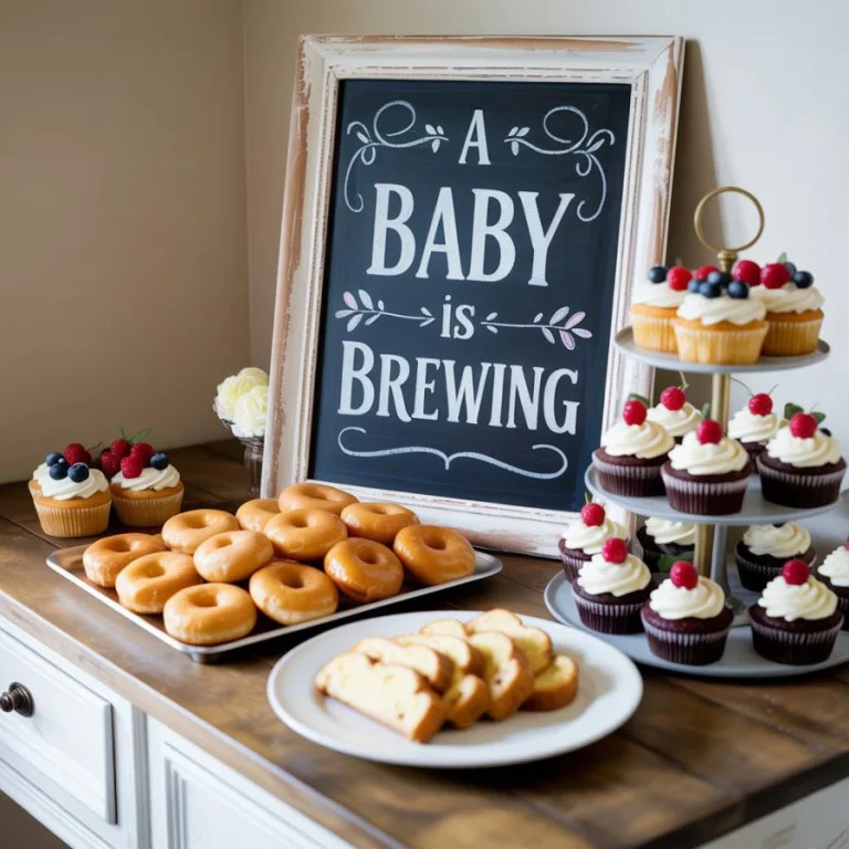 Chalkboard style dessert corner for a Baby Is Brewing baby shower