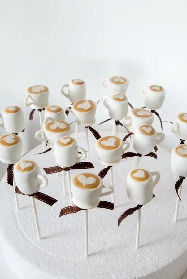 Mini latte cake pops shaped like coffee cups