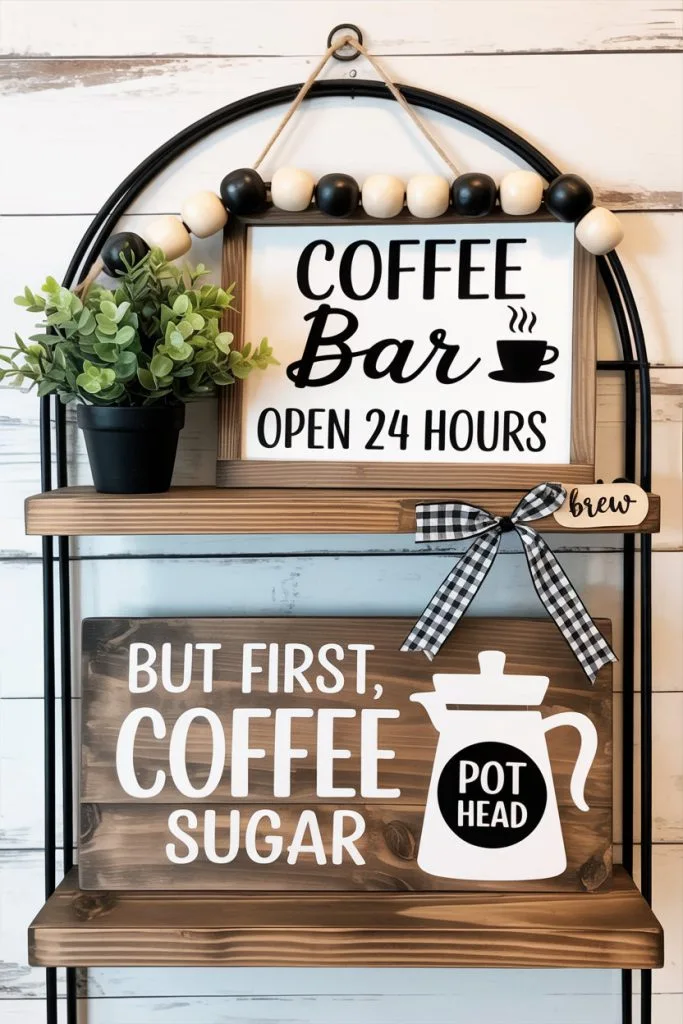 Coffee bar station with labeled signs at a baby shower