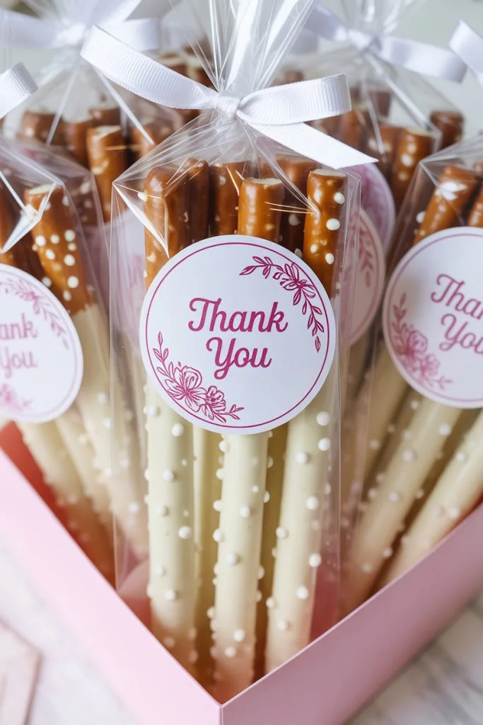 Chocolate dipped pretzel favors with thank you tags