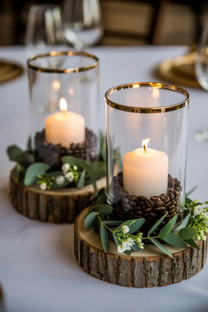 Candlelit coffee bean centerpieces on wood slices with greenery