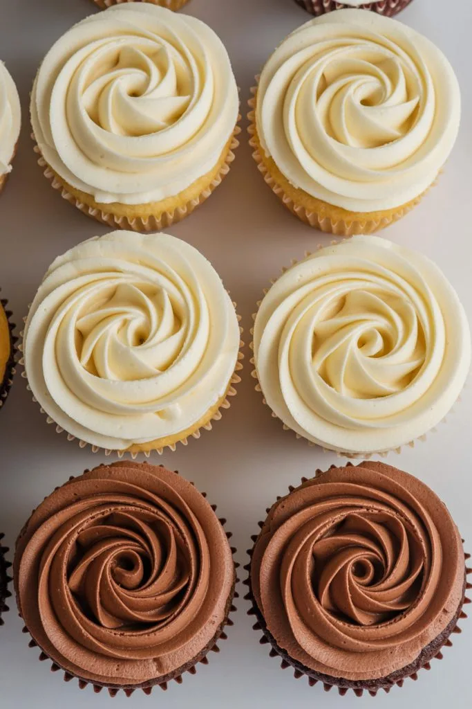 Vanilla and chocolate cupcakes for a coffee themed baby shower