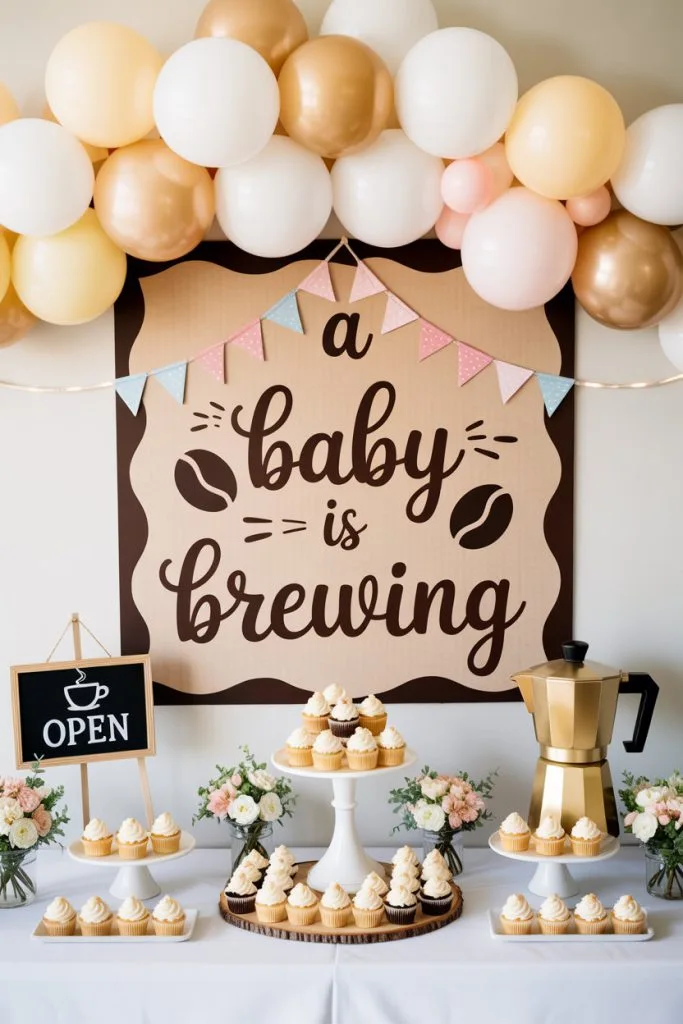 Cupcake display with florals beneath a coffee theme banner