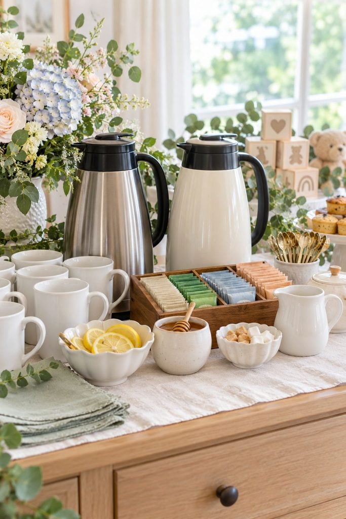 Baby shower drinks: decaf coffee and tea station with thermal carafes and mugs