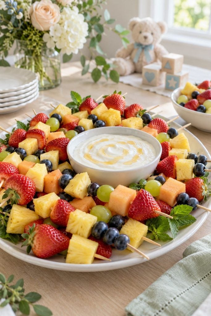 Baby shower food: fruit skewers served with a honey yogurt dip