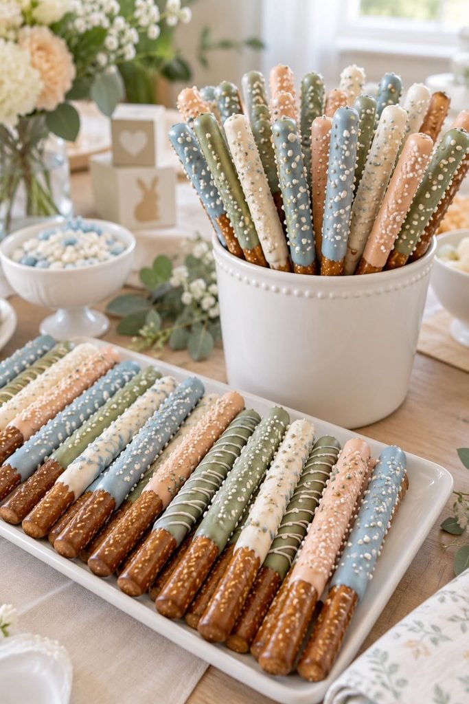 Baby shower food: chocolate-dipped pretzel rods with pastel sprinkles