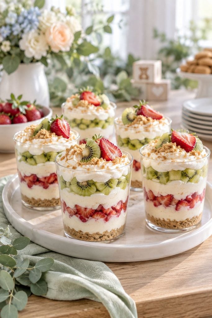 Baby shower food: no-bake strawberry kiwi cheesecake parfaits in clear cups