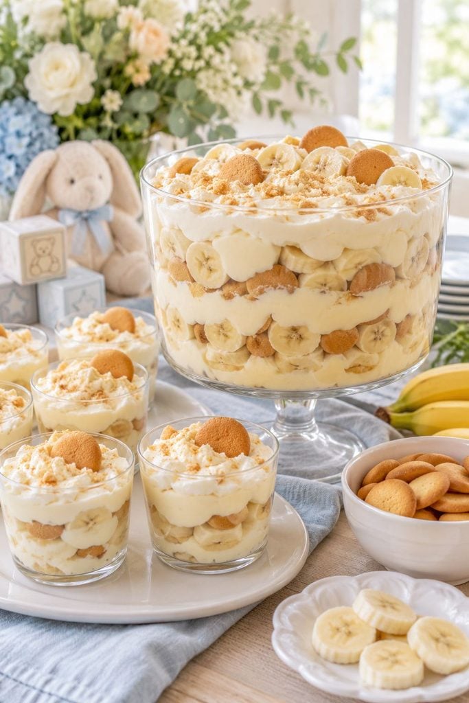 Baby shower food: banana pudding layered with vanilla wafers and fresh bananas