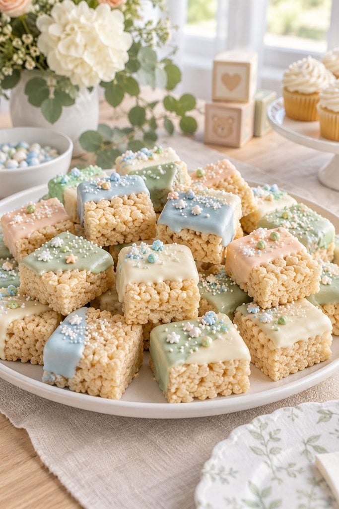 Baby shower food: Rice Krispie treat squares stacked on a plate