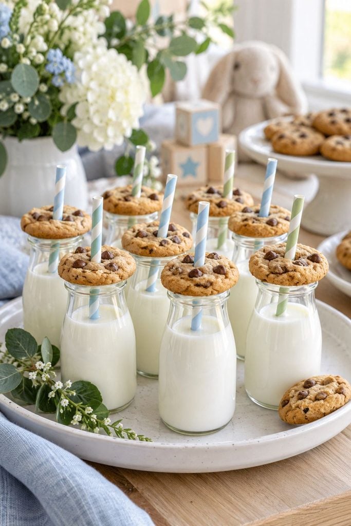 Baby shower food: mini milk bottles with paper straws and small cookies on the rims