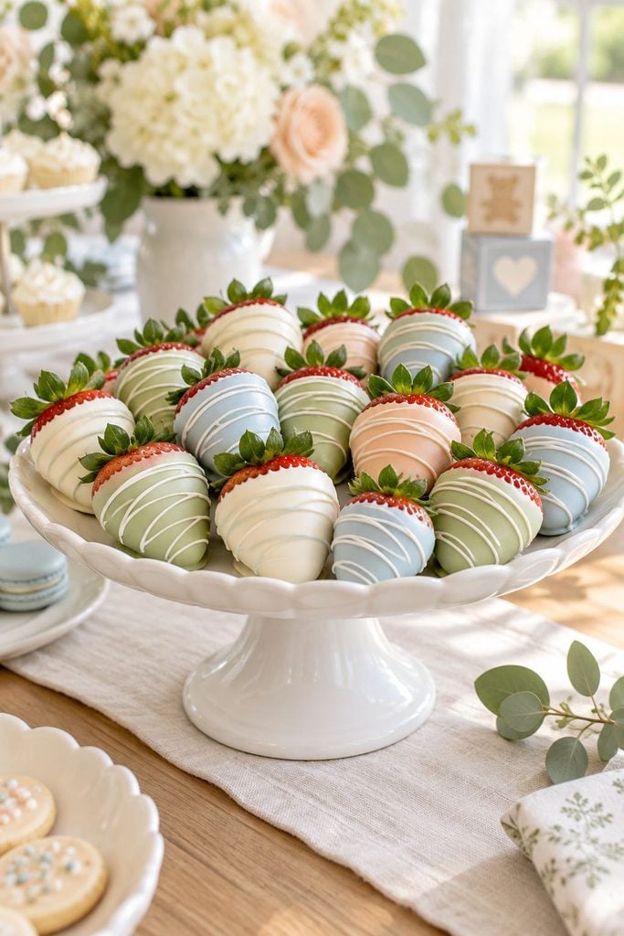 Baby shower food: chocolate-covered strawberries drizzled with white chocolate