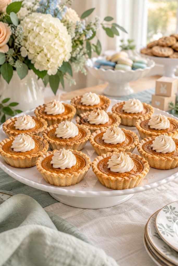 Baby shower food: mini sweet potato pies topped with marshmallows and pecans