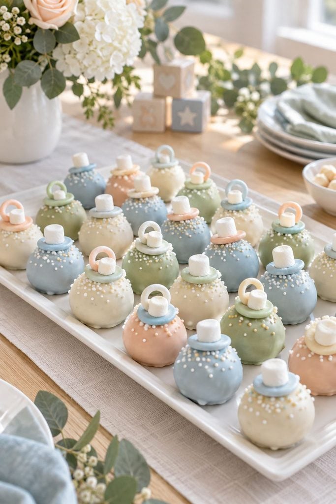 Baby shower food: pastel Oreo truffles topped with mini marshmallows like pacifiers