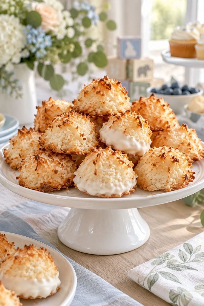 Baby shower food: golden coconut macaroons cooling on a rack