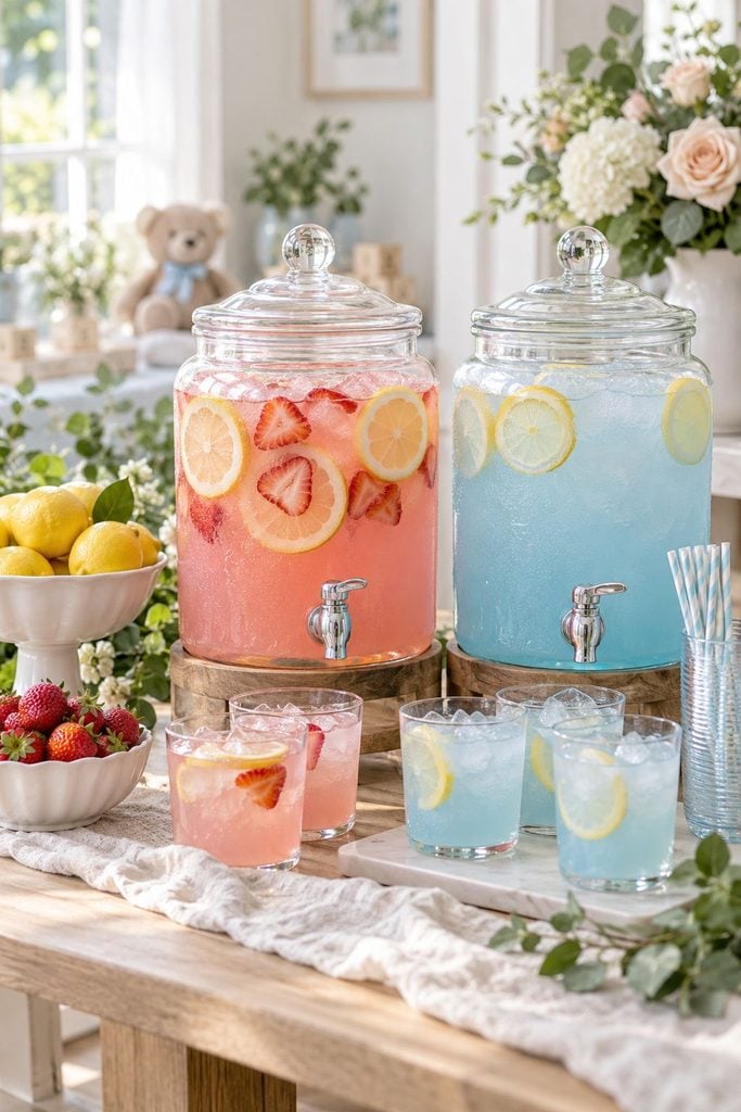 Baby shower drinks: pink and blue lemonade in a glass dispenser with lemon slices