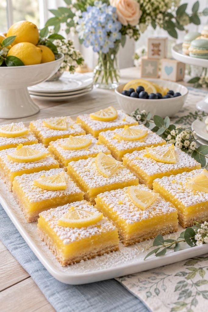 Baby shower food: lemon bars cut into small squares and dusted with powdered sugar