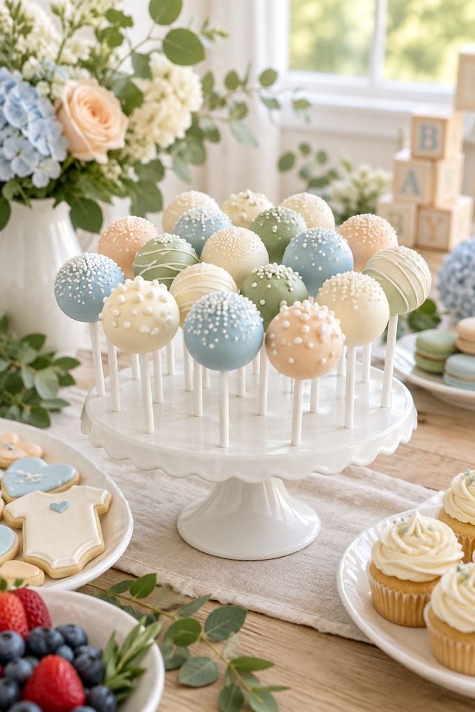 Baby shower food: pastel cake pops with sprinkles displayed on a stand