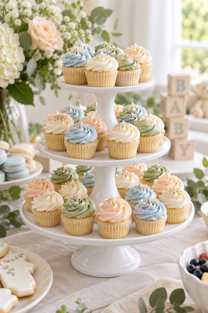 Baby shower food: mini cupcakes with pastel frosting on a tiered stand