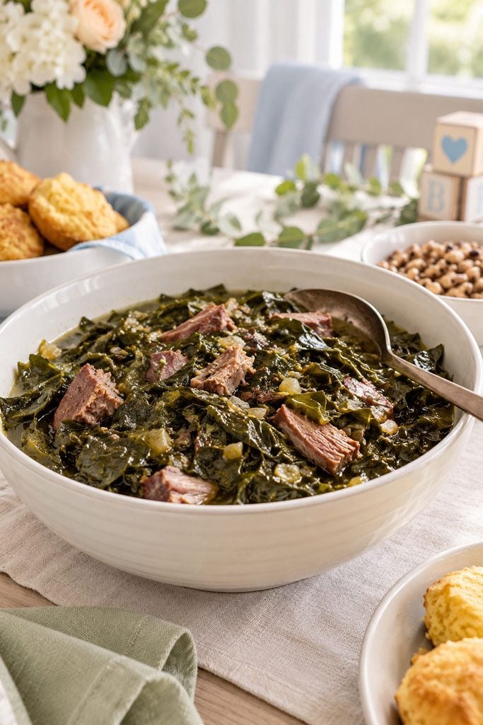Baby shower food: Southern collard greens simmered with smoked pork