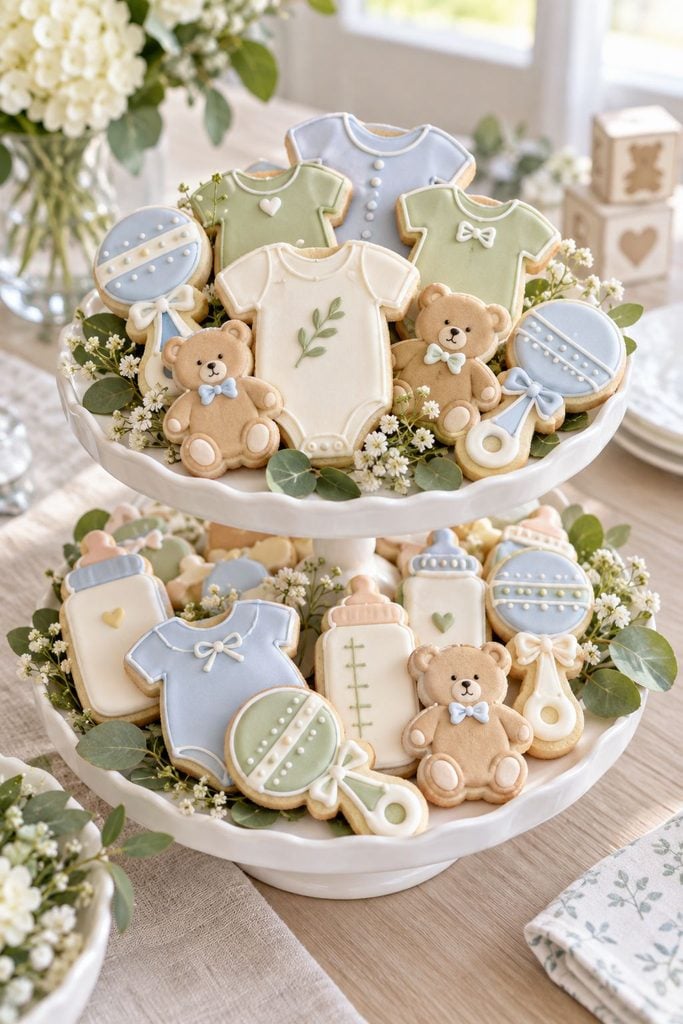 Baby shower food: decorated baby-themed sugar cookies with pastel royal icing