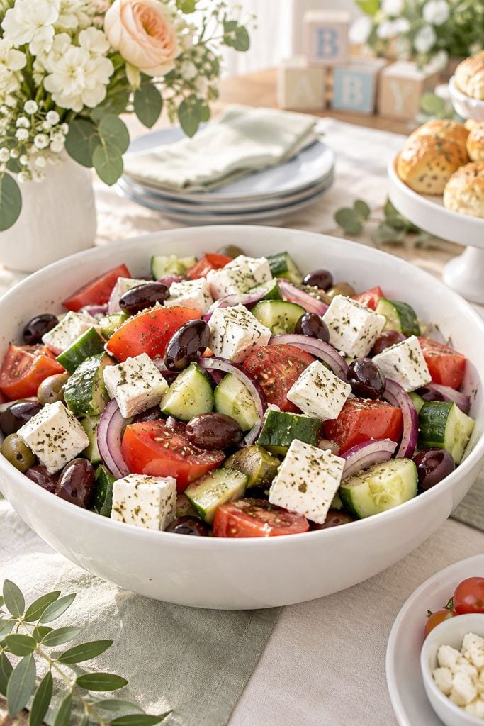 Baby shower food: Greek salad with cucumbers, tomatoes, olives, and feta