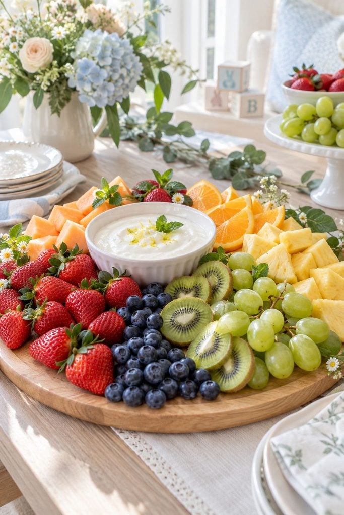 Baby shower food: spring fruit charcuterie board with grapes, kiwi, cheese, and edible flowers