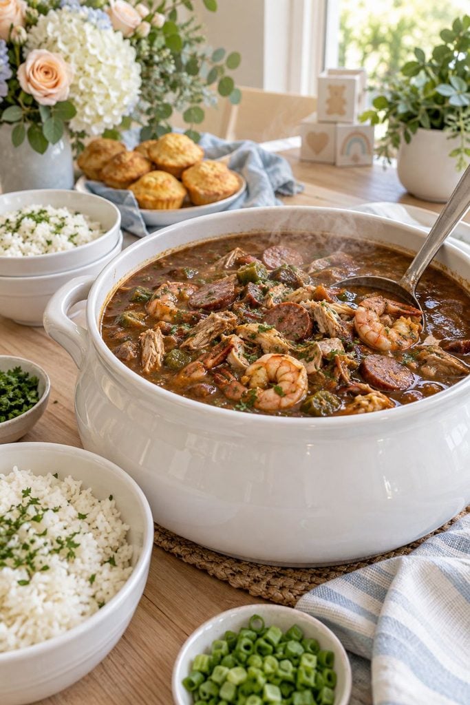 Baby shower food: New Orleans-style gumbo with chicken, sausage, and shrimp over rice