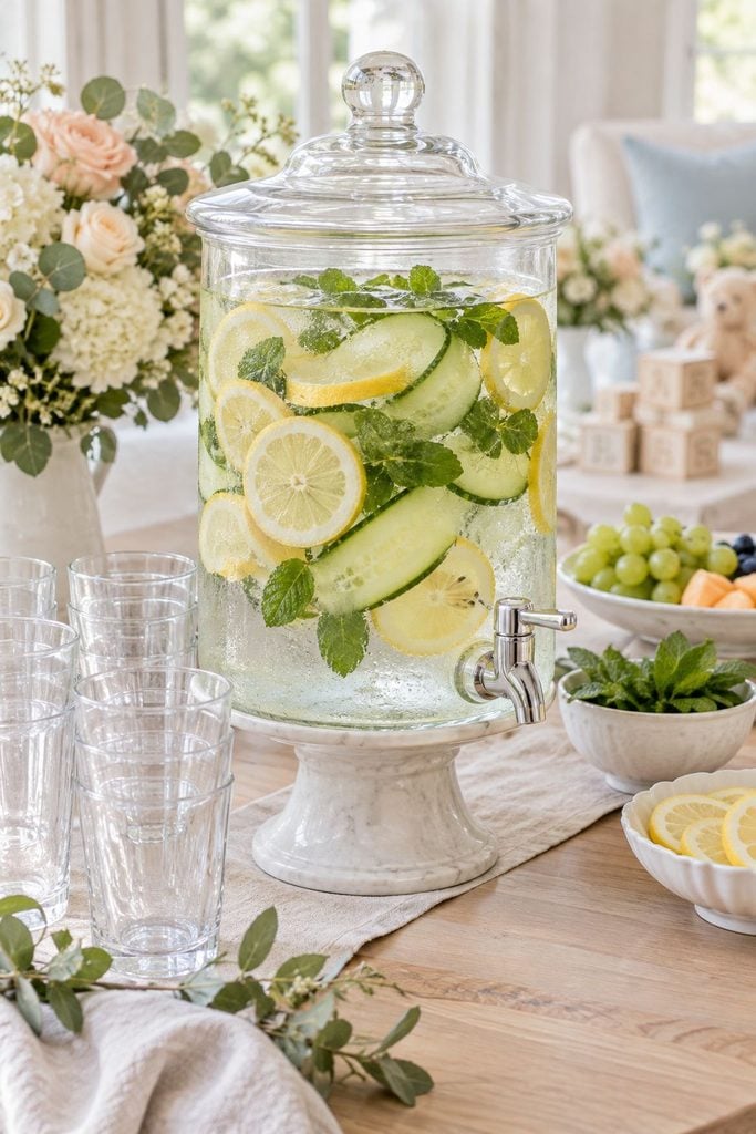 Baby shower drinks: fruit-infused water with cucumber, lemon, and mint in a dispenser