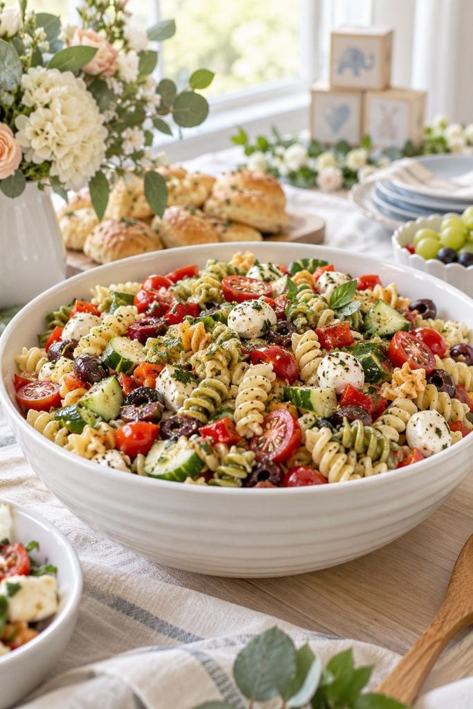 Baby shower food: colorful party pasta salad with mozzarella pearls and cherry tomatoes