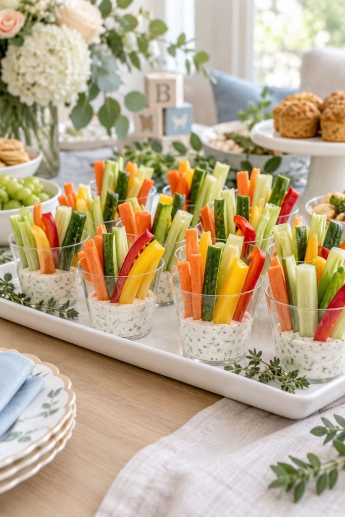 Baby shower food: veggie and dip cups with carrot, cucumber, celery, and pepper sticks
