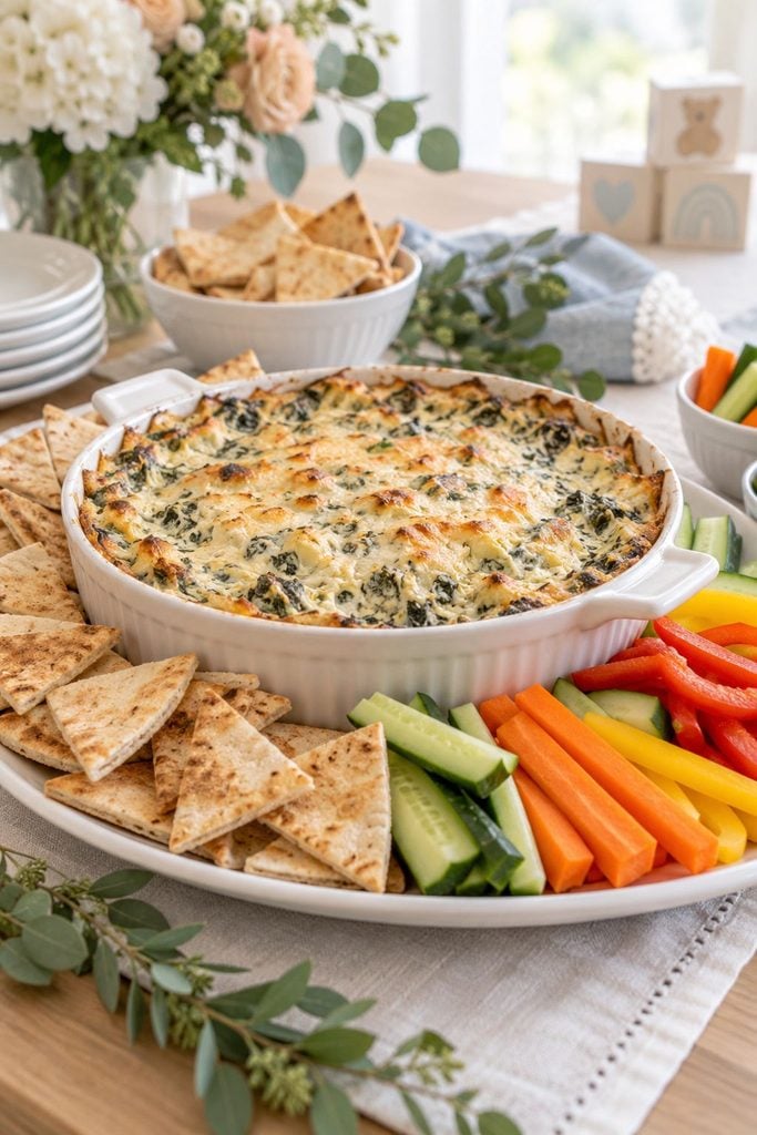 Baby shower food: warm spinach artichoke dip served with pita chips and veggie sticks