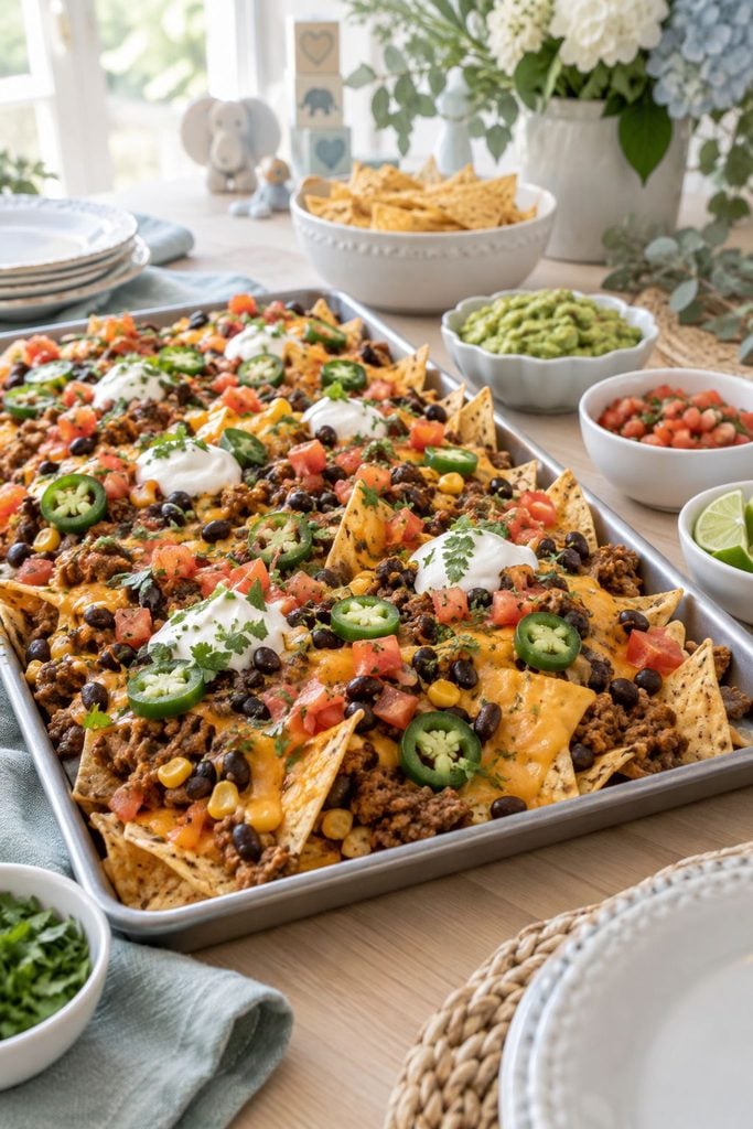 Baby shower food: sheet pan nachos loaded with cheese, beans, and jalapeños