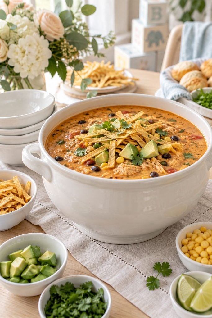 Baby shower food: creamy chicken tortilla soup topped with tortilla strips