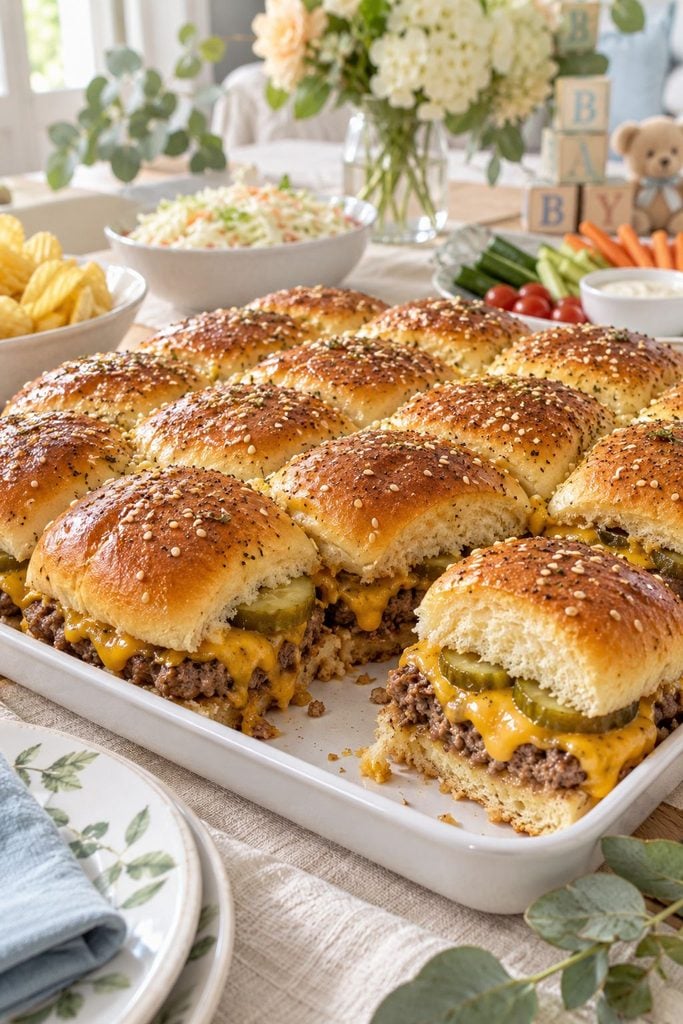 Baby shower food: pull-apart cheeseburger sliders with melted cheddar and sesame seeds