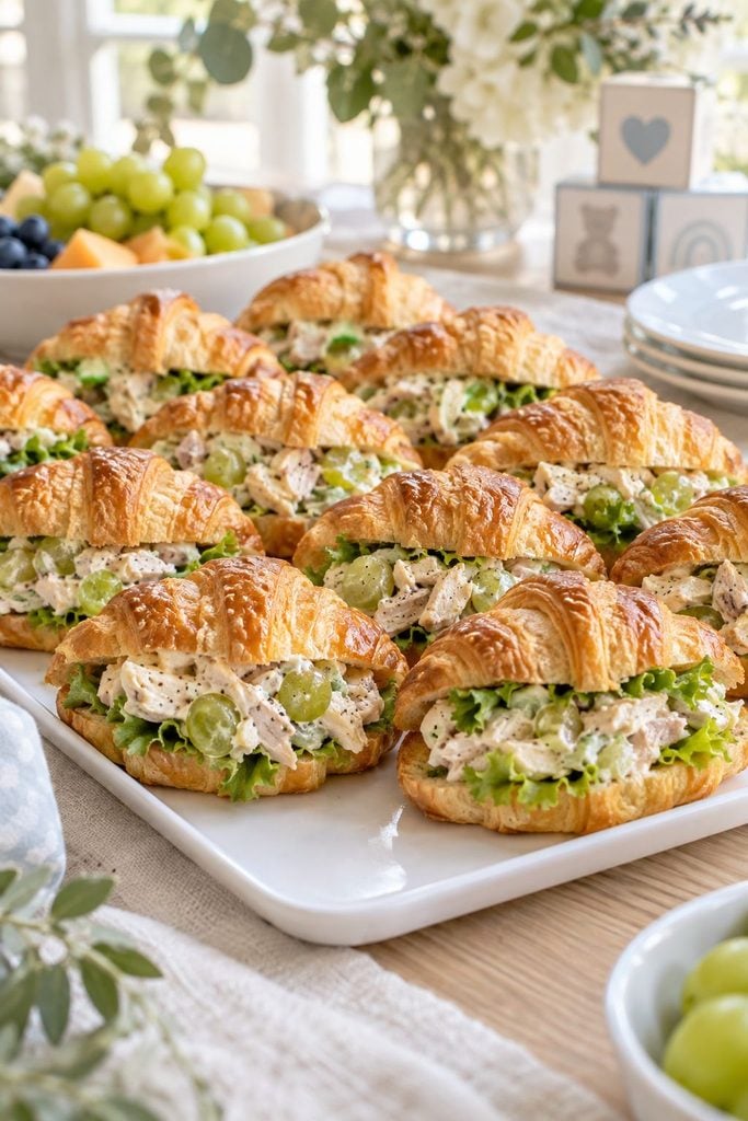Baby shower food: chicken salad croissant sliders on a platter