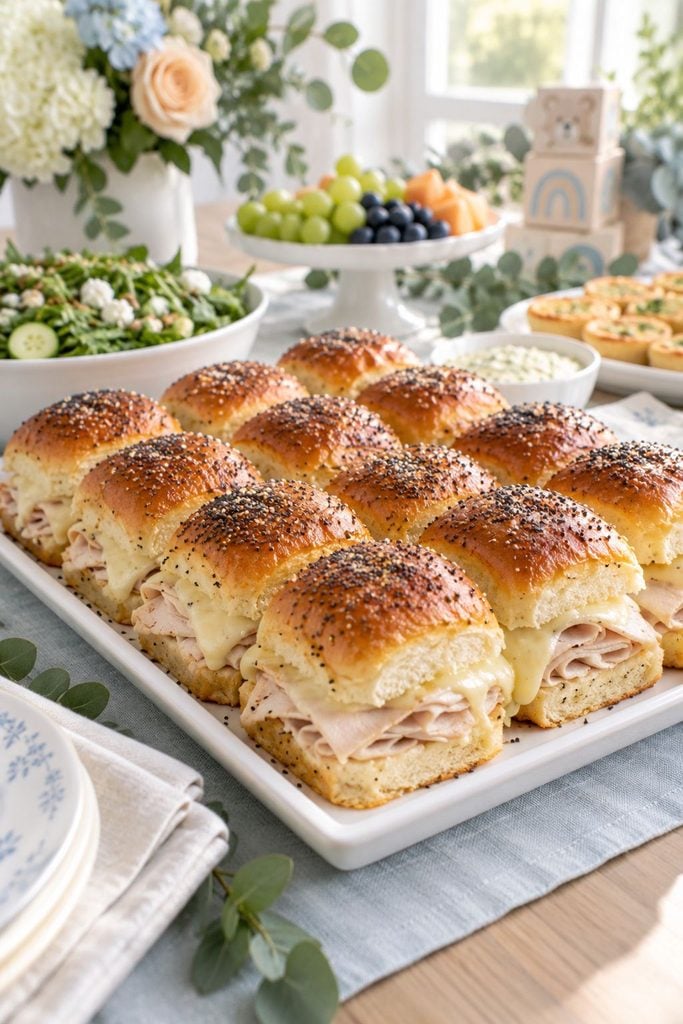 Baby shower food: baked turkey and cheese sliders on Hawaiian rolls