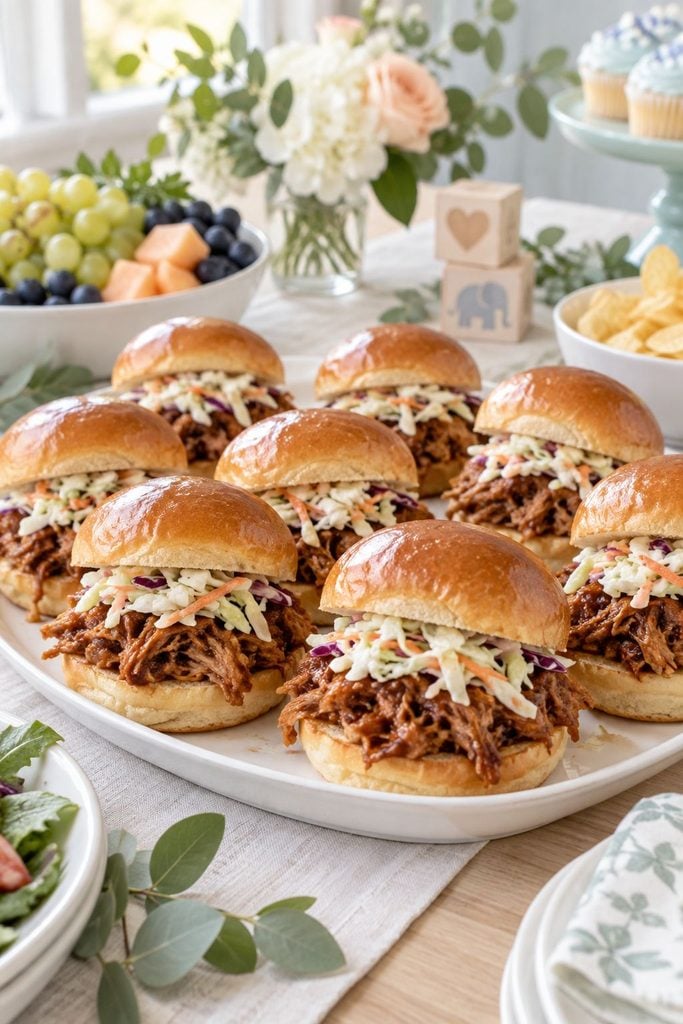 Baby shower food: BBQ pulled pork sliders piled on mini buns