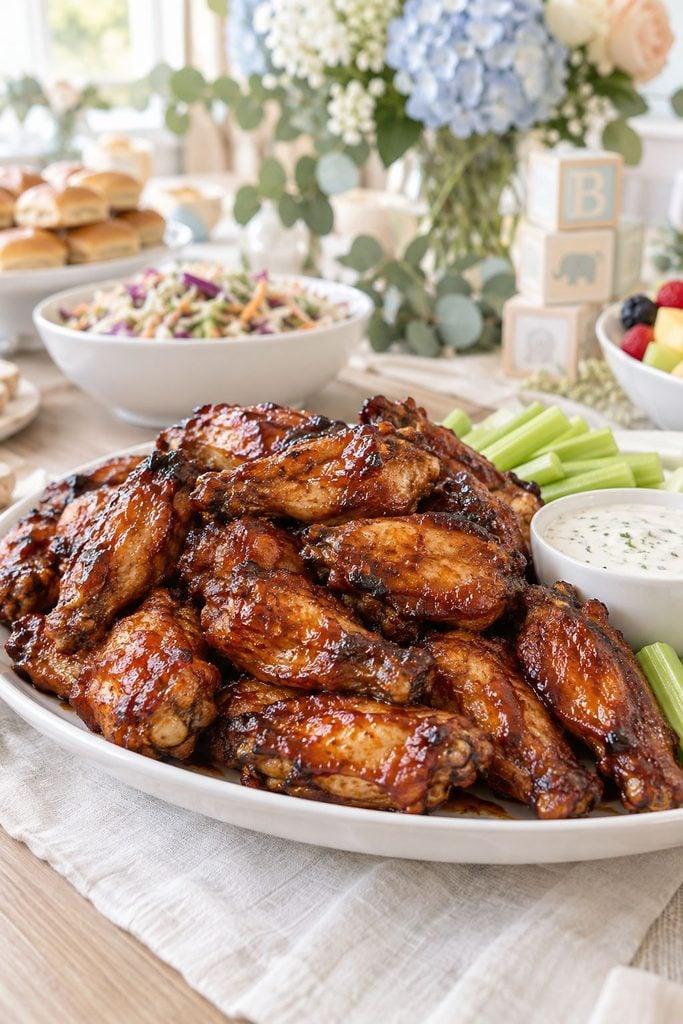 Baby shower food: sticky BBQ chicken wings glazed in barbecue sauce