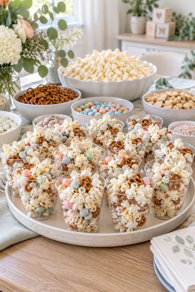 Baby shower food: confetti popcorn and snack mix served in clear cups