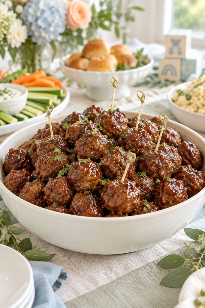 Baby shower food: saucy meatballs simmered in marinara for a crowd